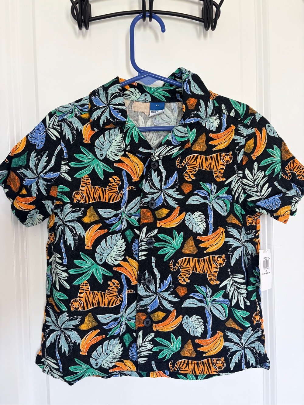 Old Navy Black Short-Sleeve Tiger & Tropical Print Shirt - Orange/Green/Blue